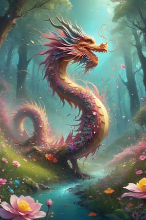 ("cute adorable petal dragon in an enchanted forest meadow, dissolving into glitter and flowers flowers. water dripping"), fairycore, fairytale concept art, by Alberto Seveso, Cyril Rolando, Dan Mumford, Carne Griffiths, Meaningful Visual Art, Detailed Strange Painting, Digital Illustration, Unreal Engine 5, 32k maximalist, hyperdetailed fantasy art, 3d digital art, sharp focus, masterpiece, fine artm DragonConfetti2024_XL,DragonConfetti2024_XL