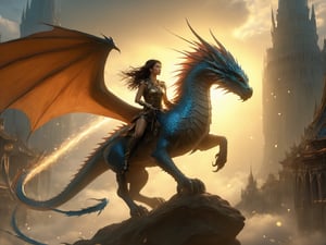 In a visually striking and action-packed scene, a fierce warrior woman boldly takes charge as she rides fearlessly atop a majestic flying dragon. With astounding strength, she swings a spiked mace with precision, crushing her enemy in a single blow. This captivating image, reminiscent of a breathtaking painting, showcases the incredible talent of Sabbas Apterus, Yoshitaka Amano, and Todd Lockwood. Every detail is meticulously crafted, from the warrior's intricate armor to the dragon's scaled wings, exuding a sense of fantastical grandeur. This epic and stunning image effortlessly transports viewers into a world of fantasy and adventure.,DragonConfetti2024_XL,PetDragon2024xl