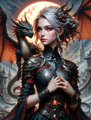 a woman in a black dress with a red sun behind her, dragon perched on her shoulder, vector art, by Tom Bagshaw, gothic art, jc leyendecker and sachin teng, gray color, character art. sc-fi. cover art, queen of ice and storm, alena aenami and artgerm, trending on deviant art, emma frost, castelvania, detailed white,PetDragon2024xl,niji style