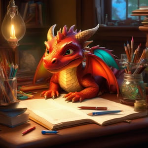 Masterpiece, cute style, "realistic tiny dragon" curled up, cozy, on desk with art supplies, sleepy eyes, cute wings, illumination background, reflections, sparkling, Dutch angle shot, todd lockwood, joel rea and mark ryden, slawomir maniak and greg tocchini, concept art, rockwell and lou xaz, heartwarming, cozy atmosphere, by chris riddell, a masterpiece, 8k resolution concept art, Artstation, triadic colors, Unreal Engine 5, cgsociety, studioghibli style