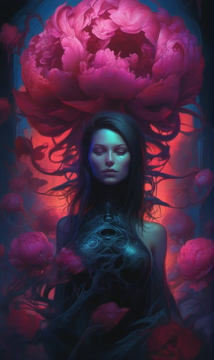 Vibrant Blacklight paint contrasting drab oil paint, a woman reaching for a skull, bioluminescent decaying peonies, a detailed painting by Ross Tran , dark art by James jean, featured on deviantart, gothic art, hauntingly beautiful art, beautiful necromancer girl, charlie bowater, loish, anato finnstark and dan mumford, art for dark metal music, lurking in the darkness, goth aesthetic, dead flowers, james jean aesthetic, featured on pixiv, cgsociety, behance, energy, molecular, rough edges, glowing particles, decorative, symbolic, deep color, sharp focus high contrast, darksynth, vector painting, uv changing art, blacklight tattoo, sf, intricate artwork masterpiece, ominous, matte painting movie poster, golden ratio, trending on cgsociety, intricate, epic, trending on artstation, by artgerm, h. r. giger and beksinski, highly detailed, vibrant, production cinematic character render, ultra high quality model