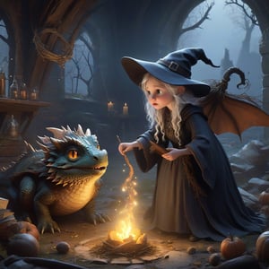 high quality, 8K Ultra HD, create a highly detailed storybook-inspired illustration of a witch and wizard discovering an abandoned baby dragon and deciding to raise it, the characters should be highly emotive to convey the meaning of the scene, composition should be meticulously composed to lead the viewer through the scene, the setting should be detailed and imaginative and create a fantasy world unlike anything seen before, the techniques used should display a mix of traditional media and digital painting techniques, creating intriguing texture and depth, high detailed, 