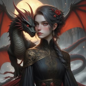 a woman in a black dress with a red sun behind her, dragon perched on her shoulder, vector art, by Tom Bagshaw, gothic art, jc leyendecker and sachin teng, gray color, character art. sc-fi. cover art, queen of ice and storm, alena aenami and artgerm, trending on deviant art, emma frost, castelvania, detailed white,PetDragon2024xl,niji style