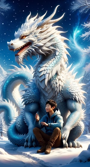 "a person sitting in front of a white chinese dragon, friendly companions", advanced digital game coverart, wolf-like furred dragon, snow and ice, fractal art, snow particles glitterstorm, by Winona Nelson, todd lockwood, concept art of single boy, talking creatures, the artist has used bright, breathtaking render || perfect composition,DragonConfetti2024_XL,PetDragon2024xl