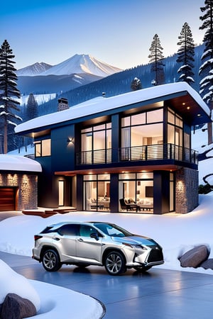 ((Hyper-Realistic)) photo of a (SONIC CHROME color:1.2) ((Lexus RX 500h)) parked in front of resort house,Front view,well-lit,silver and black stylish alloy wheels
BREAK
modern resort house,very sophisticated and stylish mountain home,contemporary design,luxurious, windows,snow,snowing, street,trees,mid-size house \(delightful front porch,tall multi-pane windows,wall cladding with accents of dark brown veneer stones and steel battens combined to create a spectacular exterior of the house\),cluttered maximalism
BREAK
aesthetic,rule of thirds,depth of perspective,perfect composition,studio photo,trending on artstation,cinematic lighting,(Hyper-realistic photography,masterpiece,best quality,photorealistic,ultra-detailed,intricate details,32K,UHD,sharp focus,high contrast,kodachrome 800,HDR:1.2),(shot on Canon EOS 5D,eye level,soft diffused lighting,vignette,highest quality,original shot:1.2),by Antonio Lopez,Diego Koi,David Parrish,Sebastiao Salgado and Steve McCurry,
real_booster,ani_booster,w1nter res0rt,art_booster,H effect,(car focus:1.2),Extremely Realistic,photo_b00ster