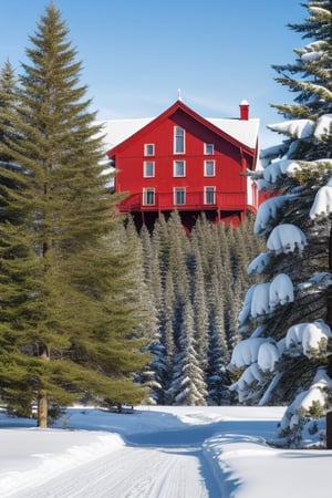 a huge castle with (red roof), during winter, snow, north pole, frozen pine trees in background