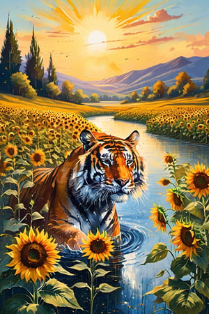 A beautiful lake flows next to the sunflower fields. At 1 p.m., the sun is shining brightly in the sky and the sky is blue. There is a tiger walking on the ground in the middle of a sunflower field.
