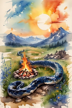 Bright sun, bonfire, blue snake, rocky mountain, field, meadow