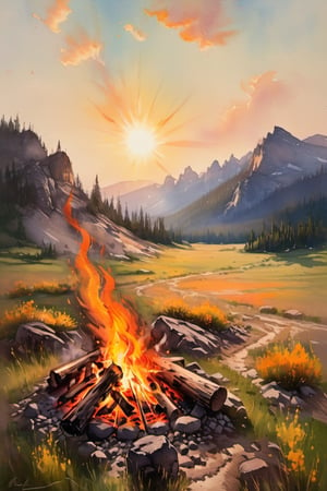 Bright sun, bonfire, , rocky mountain, field, meadow