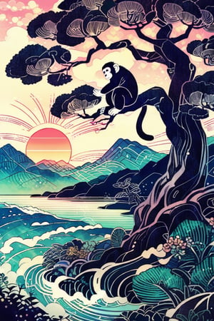 Mountains, fertile land, bright sun, big tree, monkey, monkey on tree,  sea, wide sea