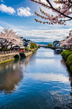 cherry blossoms, outdoors, sky, day, clouds, water, trees, blue sky, no people, window, buildings, scenery, reflections, road, house, bridge, river, island, windjammer, wind,