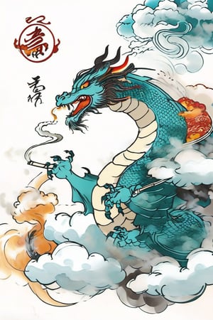 simple background, white background, cloud, no humans, smoke, spot color, dragon, eastern dragon,score_9,dal-1