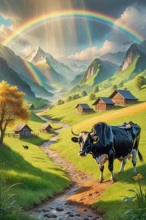 Hill with green grass, black cow, rain, mountain behind, afternoon, warm sunlight, beautiful gold dust, gold, silver,BucketGoldUnderTheRainbow