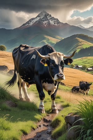 Hill with green grass, black cow, rain, mountain behind, afternoon, warm sunlight, beautiful gold dust, gold, silver,