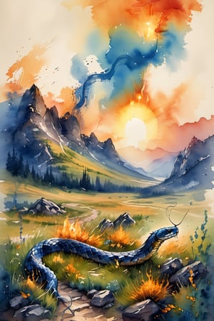 Bright sun, bonfire, blue snake, rocky mountain, field, meadow