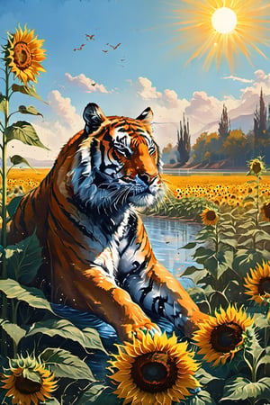 A beautiful lake flows next to the sunflower fields. At 1 p.m., the sun is shining brightly in the sky and the sky is blue. A tiger is sitting on the ground in the middle of a sunflower field.