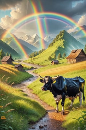 Hill with green grass, black cow, rain, mountain behind, afternoon, warm sunlight, beautiful gold dust, gold, silver,BucketGoldUnderTheRainbow