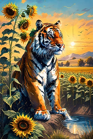 A beautiful lake flows next to the sunflower fields. At 1 p.m., the sun is shining brightly in the sky and the sky is blue. A tiger is sitting on the ground in the middle of a sunflower field.