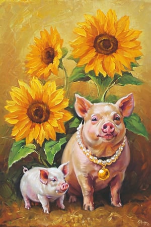 Sunflower, , pig, pig is wearing a pearl necklace, dog, dog is wearing a gold necklace,