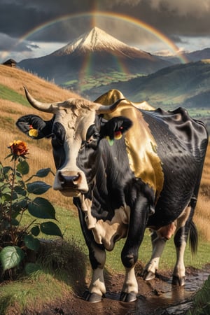 Hill with green grass, black cow, rain, mountain behind, afternoon, warm sunlight, beautiful gold dust, gold, silver,BucketGoldUnderTheRainbow,Gold Edged Black Rose