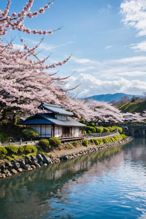 Japan, Japanese house, cherry blossoms in full bloom, outdoors, sky, day, clouds, water, trees, blue sky, window, building, scenery, reflection, road, house, bridge, river, windjammer, wind,
