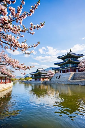 
south korea, gyeongbokgung palace, magnolia in full bloom, outdoors, sky, daytime, clouds, water, trees, blue sky, window, building, scenery, reflection, road, house, bridge, river, windjammer, wind,