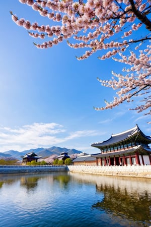 south korea, gyeongbokgung palace, cherry blossoms in full bloom, outdoors, sky, daytime, clouds, water, trees, blue sky, window, building, scenery, reflection, road, house, bridge, river, windjammer, wind,