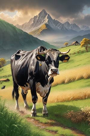 Hill with green grass, black cow, rain, mountain behind, afternoon, warm sunlight, beautiful gold dust, gold, silver