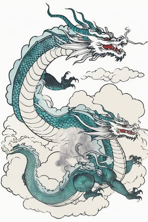 simple background, white background, cloud, no humans, smoke, spot color, dragon, eastern dragon