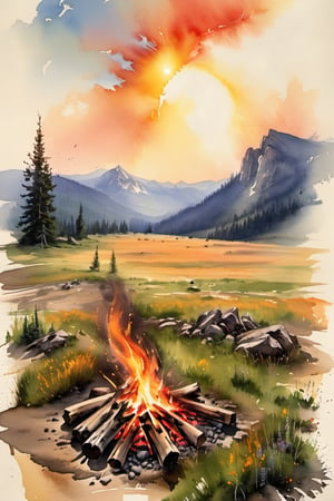 Bright sun, bonfire, , rocky mountain, field, meadow