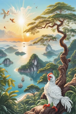 Mountains, fertile land, bright sun, big tree, monkey, monkey on tree, chicken, white chicken, sea, wide sea