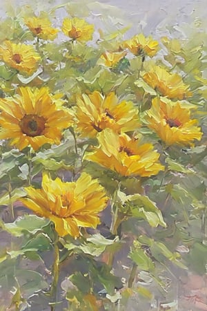 sunflower, gray colors,
, semicircle drawn with a brush,artistic oil painting stick