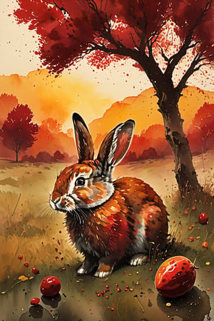 Sunset, red rabbit, jewel, gravel stone, field, meadow, jujube tree, jujube fruit, autumn,