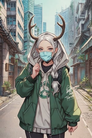 1girl, solo, long hair, looking at viewer, long sleeves, twintails, green eyes, standing, jacket, upper body, white hair, outdoors, horns, day, hood, hoodie, mask, hood down, building, clothes writing, forehead, city, hands in pockets, mouth mask, drawstring, road, antlers, street