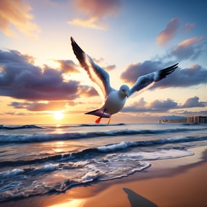 A Seagull flying, 8k, photorealistic, masterpiece quality, detailed 
Background: sunrise, 8k, super details, feel freedom ,Beautiful Beach
