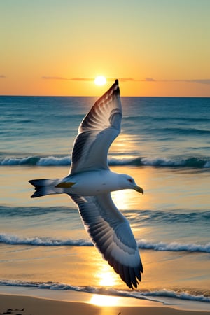A Seagull flying, 
Background: sunrise, emerald color ocean, 
