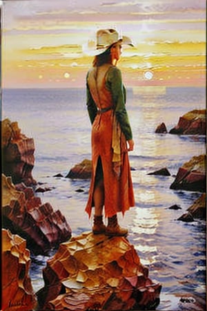   a beautiful girl standing on cliff , (looking at viewers), (cowboy_shot:1.3)
Background: cliffs  sunset , feel roughness of thick paint colors, oil paint,(Oil painting of lamvrant :1.3),
oil paint , 