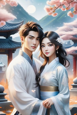 32K Magical Fantasy Romantic Korean Manga Art style of a young adorable romantic Taiwanese heter-couple close-up, full body, big-eyes, detailed face and fingers, Taiwanese handsome short-hair young man and his Taiwanese pretty girlfriend present Yin-Yang (Tai-Chi) Diagram in graveyard for Ching Ming Festival