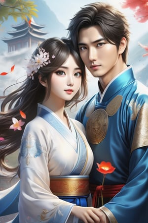 (masterpiece:1.4), (best quality:1.4), (ultra-detailed:1.4), (32K resolution:1.4), (close-up:1.2), 32K Magical Fantasy Romantic Korean Manga Art style of a young adorable romantic Taiwanese heter-couple close-up, full body, big-eyes, detailed face and fingers, Taiwanese handsome short-hair young man and his Taiwanese pretty girlfriend present Yin-Yang (Tai-Chi) Diagram in graveyard for Ching Ming Festival