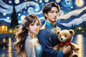 (Fidelity: 1.0), (Masterpiece, Best Quality: 1.5), 32K magical romantic Taiwanese manga painting style, pure water in the shape of (ornate Taiwanese adorable hetersexual-couple), shorthair-man, (girl with brown long flowing hair), (bright beautiful big-eyes), blending in van Gogh's starry night style, mixed with Teddy bear style, blue-grey filter, 32K, intricate lighting, luminism, sharp starlight glass background, (Magic), 32K, 32K (Beautifully Detailed Face and Hands), cinematic glowing light effects,DonM3lv3nM4g1cXL,DonMW15pXL,DonMB4nsh33XL ,DonMM1y4XL