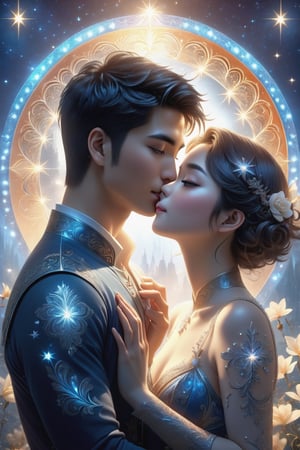 (Fidelity: 1.0), (masterpiece:1.5), (best quality:1.5), (ultra-detailed:1.5), (32K resolution:1.5), (close-up:1.2), 32K magical romantic Taiwanese comic art style, young cute romantic Taiwanese heterosexual close-up, full body, big eyes, detailed face and fingers, short-haired Taiwanese handsome boy and his beautiful Taiwanese girlfriend kiss next to a extremely (giant fantasy hourglass), best starlight romance, blue-dark orange gradient filter, exquisite quality, 32K, 32K high quality, intricate lighting, luminism, very high details, sharp background, mysticism, (Magic), 32K, 32K (close-up), 32K (Beautifully Detailed Face and Fingers), (Five Fingers), cinematic glowing light effects,DonMSn0wM4g1cXL