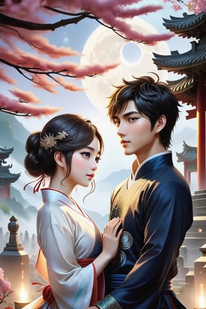 (masterpiece:1.5), (best quality:1.5), (ultra-detailed:1.5), (32K resolution:1.5), (close-up:1.2), 32K Magical Fantasy Romantic Korean Manga Art style of a young adorable romantic Taiwanese heter-couple close-up, full body, big-eyes, detailed face and fingers, Taiwanese handsome short-hair young man and his Taiwanese pretty girlfriend present Yin-Yang (Tai-Chi) Diagram in graveyard for Ching Ming Festival,DonMW15pXL