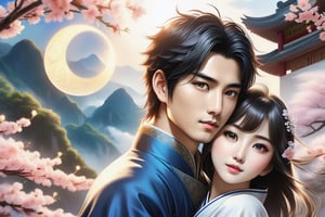 (masterpiece:1.4), (best quality:1.4), (ultra-detailed:1.4), (32K resolution:1.4), (close-up:1.2), 32K Magical Fantasy Romantic Korean Manga Art style of a young adorable romantic Taiwanese heter-couple close-up, full body, big-eyes, detailed face and fingers, Taiwanese handsome short-hair young man and his Taiwanese pretty girlfriend present Yin-Yang (Tai-Chi) Diagram in graveyard for Ching Ming Festival