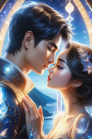 (Fidelity: 1.0), (masterpiece:1.5), (best quality:1.5), (ultra-detailed:1.5), (32K resolution:1.5), (close-up:1.2), 32K magical romantic Taiwanese comic art style, young cute romantic Taiwanese heterosexual close-up, full body, big eyes, detailed face and fingers, short-haired Taiwanese handsome boy and his beautiful Taiwanese girlfriend kiss next to a extremely (giant fantasy hourglass), best starlight romance, blue-dark orange gradient filter, exquisite quality, 32K, 32K high quality, intricate lighting, luminism, very high details, sharp background, mysticism, (Magic), 32K, 32K (close-up), 32K (Beautifully Detailed Face and Fingers), (Five Fingers), cinematic glowing light effects