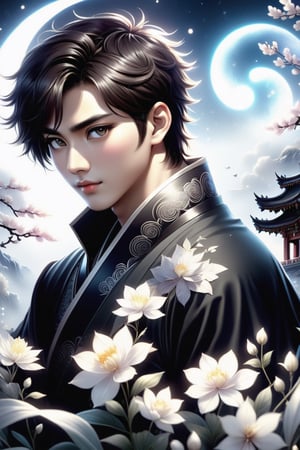 (masterpiece:1.5), (best quality:1.5), (ultra-detailed:1.5), (32K resolution:1.5), (close-up:1.2), 32K Magical Fantasy Romantic Korean Manga Art style of a young adorable romantic Taiwanese heter-couple close-up, full body, big-eyes, detailed face and fingers, Taiwanese handsome short-hair young man and his Taiwanese pretty girlfriend present Yin-Yang (Tai-Chi) Diagram in graveyard for Ching Ming Festival,DonMW15pXL,DonM5cy7h3XL,DonMD34thM4g1cXL,DonMSn0wM4g1cXL,DonMD4rkT00nXL 