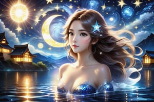 (Fidelity: 1.0), (Masterpiece, Best Quality: 1.5), 32K magical romantic Taiwanese manga painting style, pure water in the shape of (ornate Taiwanese adorable hetersexual-couple), shorthair-man, (girl with brown long flowing hair), (bright beautiful big-eyes), blending in van Gogh's starry night style, mixed with Teddy bear style, blue-grey filter, 32K, intricate lighting, luminism, sharp starlight glass background, (Magic), 32K, 32K (Beautifully Detailed Face and Hands), cinematic glowing light effects,DonM3lv3nM4g1cXL,DonMW15pXL