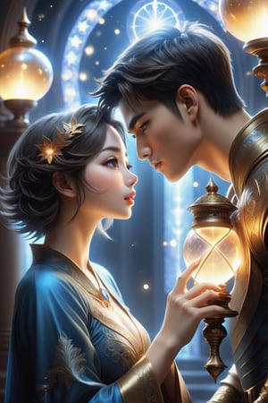 (Fidelity: 1.0), (masterpiece:1.5), (best quality:1.5), (ultra-detailed:1.5), (32K resolution:1.5), (close-up:1.2), 32K magical romantic Taiwanese comic art style, young cute romantic Taiwanese heterosexual close-up, full body, big eyes, detailed face and fingers, short-haired Taiwanese handsome boy and his beautiful Taiwanese girlfriend kiss next to a extremely (giant fantasy hourglass), best starlight romance, blue-dark orange gradient filter, exquisite quality, 32K, 32K high quality, intricate lighting, luminism, very high details, sharp background, mysticism, (Magic), 32K, 32K (close-up), 32K (Beautifully Detailed Face and Fingers), (Five Fingers), cinematic glowing light effects,style,DonMW15pXL,DonMB4nsh33XL ,DonM5cy7h3XL