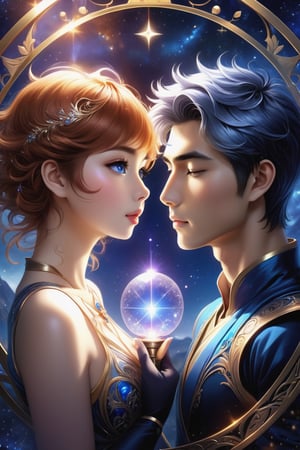 (Fidelity: 1.0), (masterpiece:1.5), (best quality:1.5), (ultra-detailed:1.5), (32K resolution:1.5), (close-up:1.2), 32K magical romantic Taiwanese comic art style, young cute romantic Taiwanese heterosexual close-up, full body, big eyes, detailed face and fingers, short-haired Taiwanese handsome boy and his beautiful Taiwanese girlfriend kiss next to a extremely (giant fantasy hourglass), best starlight romance, blue-dark orange gradient filter, exquisite quality, 32K, 32K high quality, intricate lighting, luminism, very high details, sharp background, mysticism, (Magic), 32K, 32K (close-up), 32K (Beautifully Detailed Face and Fingers), (Five Fingers), cinematic glowing light effects,style,DonMW15pXL