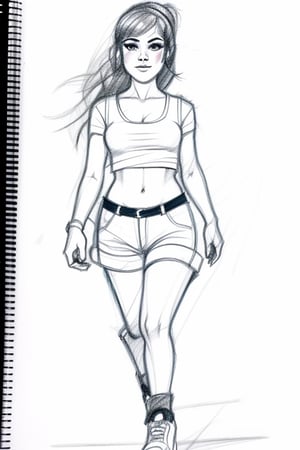pencile sketch of walking hot solo girl 