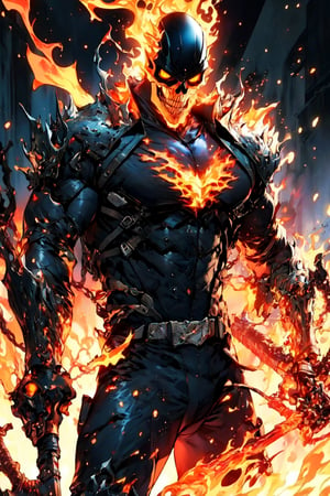 4K UHD illustration,  upscaled professional drawing HDR, Handsome Men, firemen, Pectoral Focus, wearing skull theme helmet (:1.9) , coming from burning forreet, real life, sweat on the chest with hot flame breathe (:1.9) holding an axe (:1.9) intense yellow eyes,  detailed muscular arms,  male focus,  full-body_portrait (:1.9) perfect anatomy,  perfect hands, form fitting flame themed bodysuit (:1.9) 300dpi,  upscaled 8K,  masterpiece (:1.9) finest quality art,  ,ghostrider,Zattana